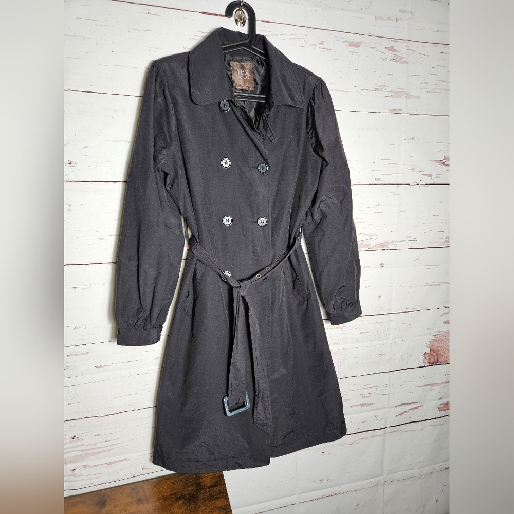 Trench Coat Black Belted TEX BY MAX AZRIA Size L Cotton Blend